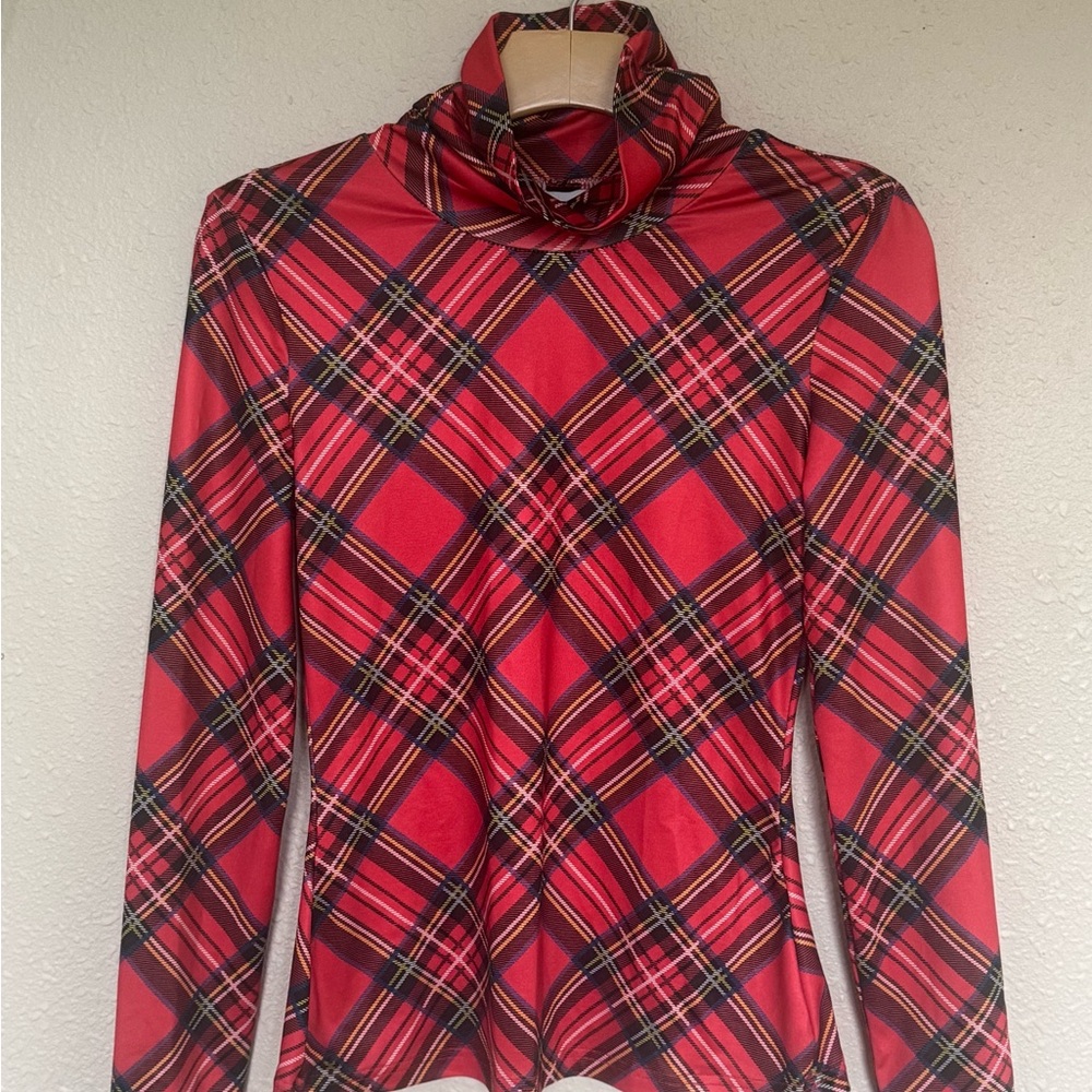 Red Plaid Turtleneck Top